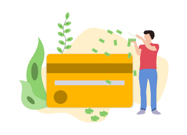 ilustración una persona trabaja ocn dinero sobre una credit card gigante