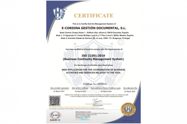 Certificado ISO 22301 e-coordina