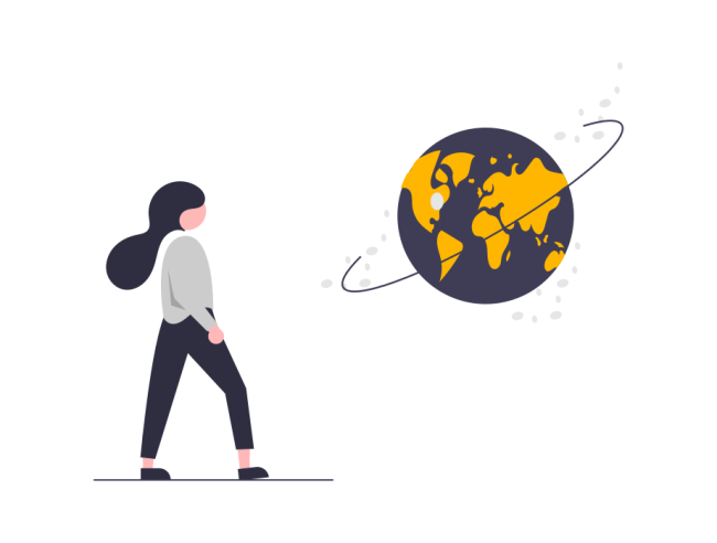 Internacionalización e-coordina Dibujo de una mujer observando orbitas sobre un gran globo terráqueo