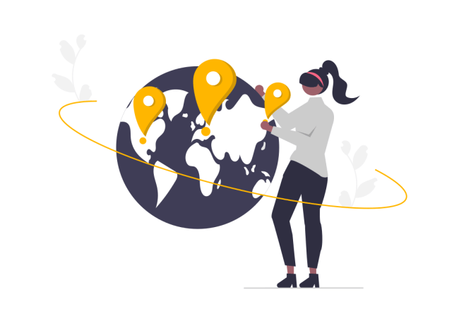Internacionalización e-coordina Dibujo de una mujer poniendo localizaciones sobre un gran globo terráqueo