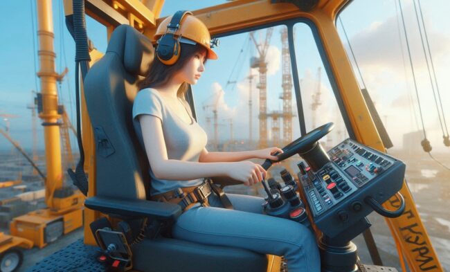 Ergonomía en el trabajo una mujer joven trabaja en una maquina de construcción en un puesto muy ergoómico