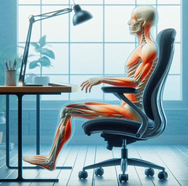 Ergonomía en el trabajo la forma de un cuerpo humano al que se le ven los músculos se adapta a una silla de oficina