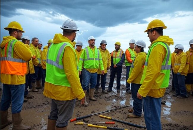 Riesgos climáticos Trabajadores reunidos delante de una tormenta