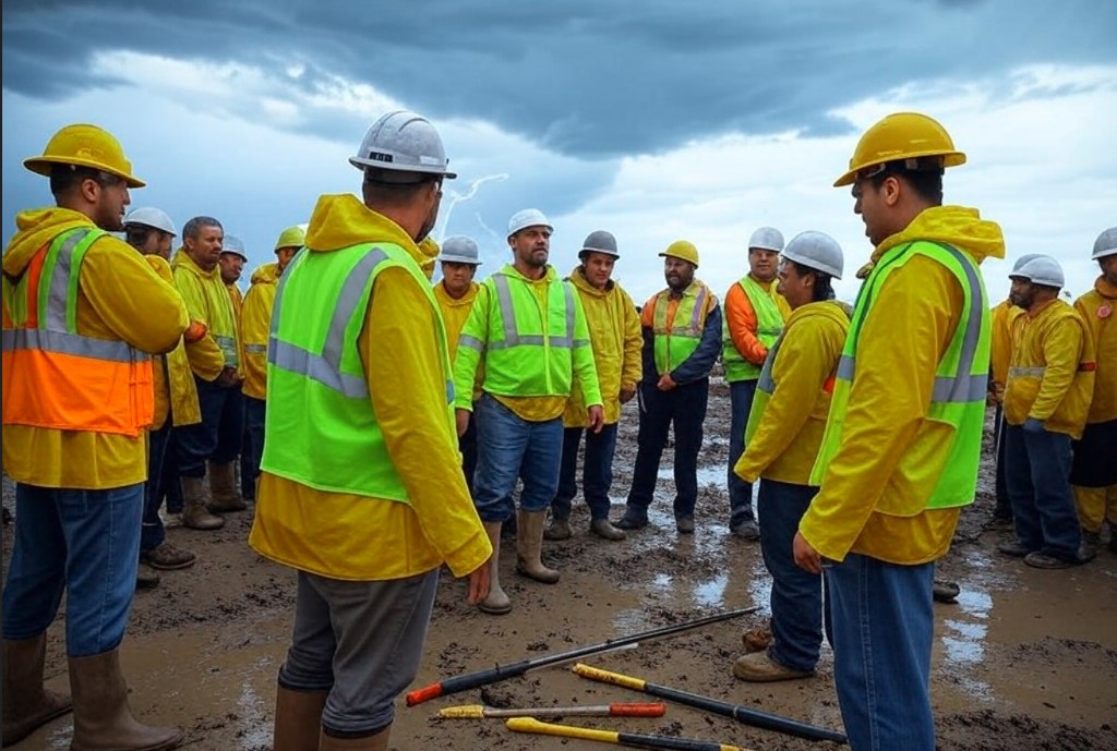 Riesgos climáticos Trabajadores reunidos delante de una tormenta